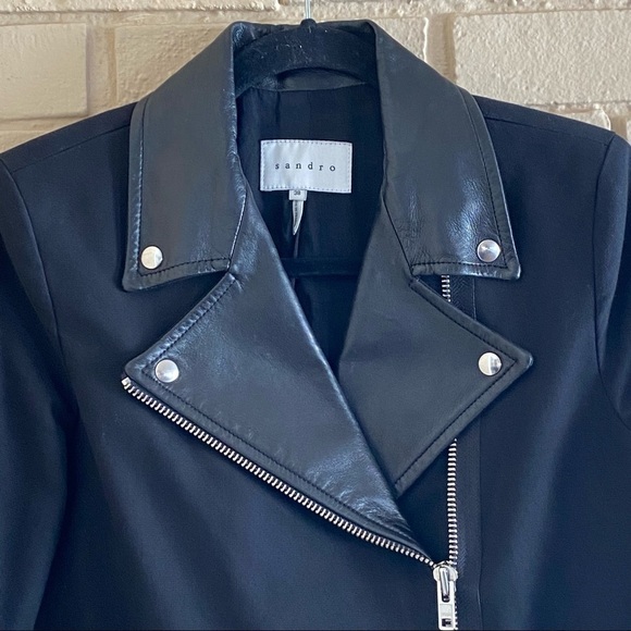 SANDRO Paris Zipped Biker Moto Lamb Leather  / Cotton Jacket Size 38  US 6 8 - Picture 3 of 9
